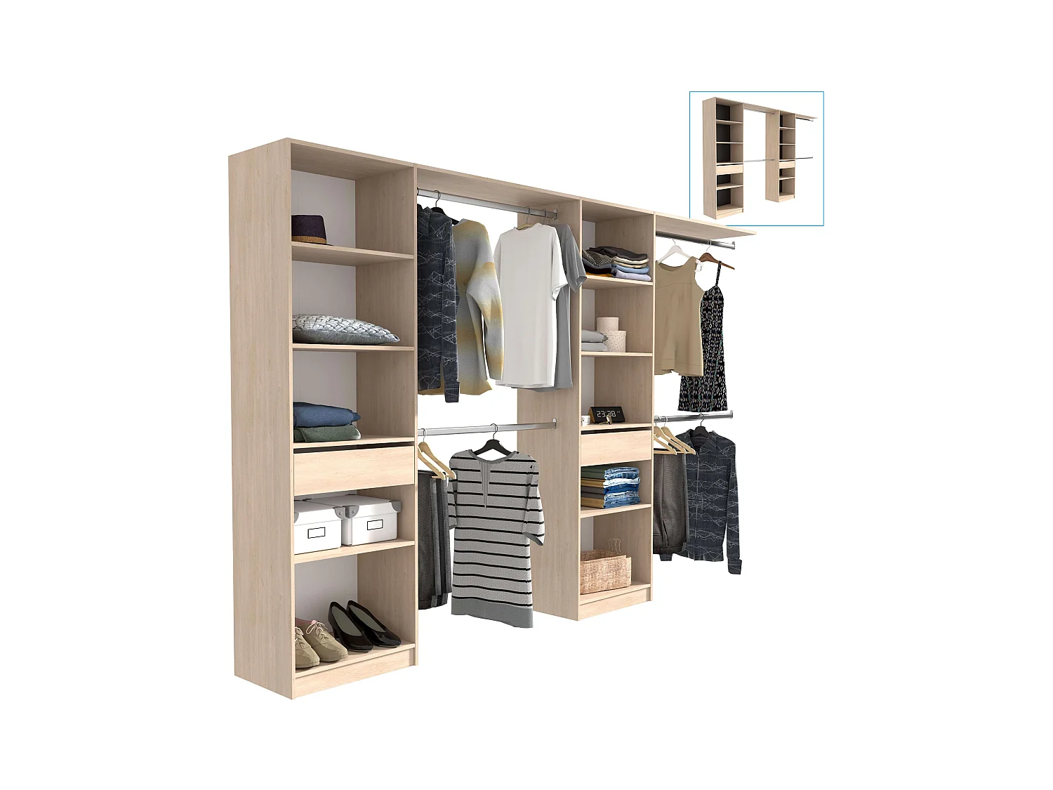 Vestidor Elios 2 Cols 5 Estantes 4 Barras 1 Cajón Madera Claro/Blanco/Negro 320x200x40 cm