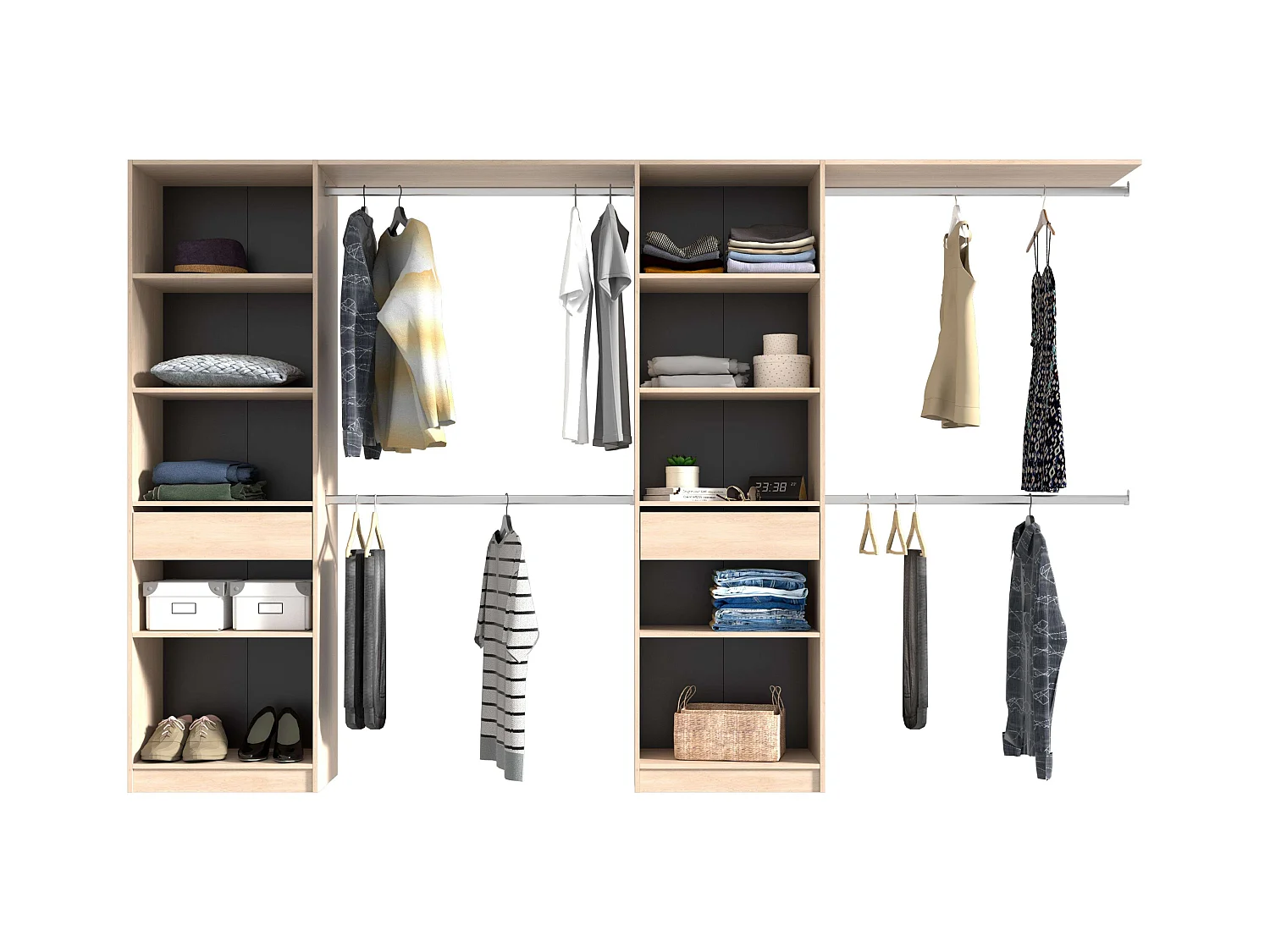 Vestidor Elios 2 Cols 5 Estantes 4 Barras 1 Cajón Madera Claro/Blanco/Negro 320x200x40 cm