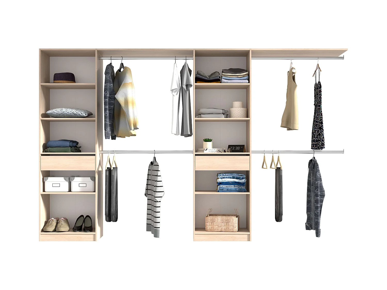 Vestidor Elios 2 Cols 5 Estantes 4 Barras 1 Cajón Madera Claro/Blanco/Negro 320x200x40 cm