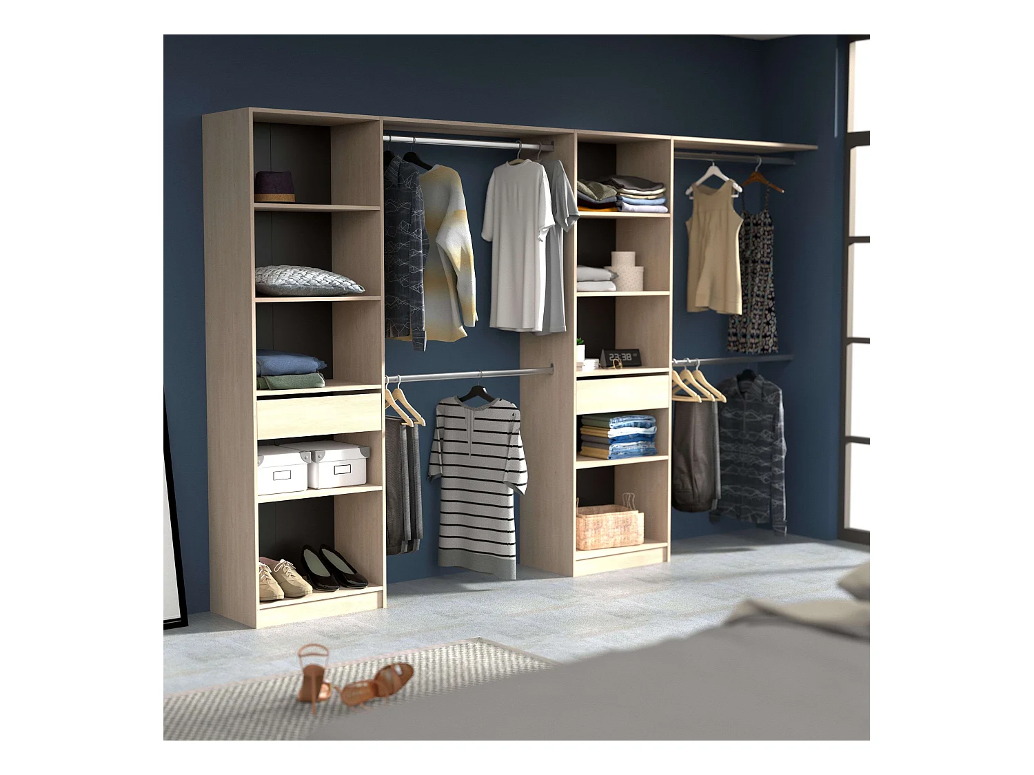 Vestidor Elios 2 Cols 5 Estantes 4 Barras 1 Cajón Madera Claro/Blanco/Negro 320x200x40 cm