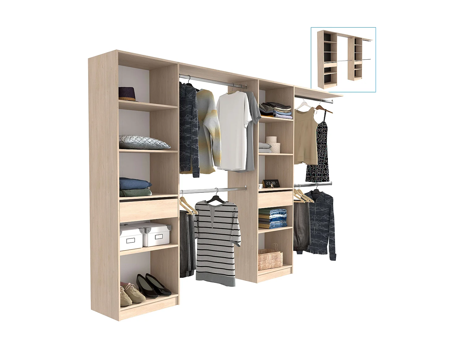 Vestidor Elios 2 Cols 5 Estantes 4 Barras 1 Cajón Madera Claro/Blanco/Negro 320x200x40 cm