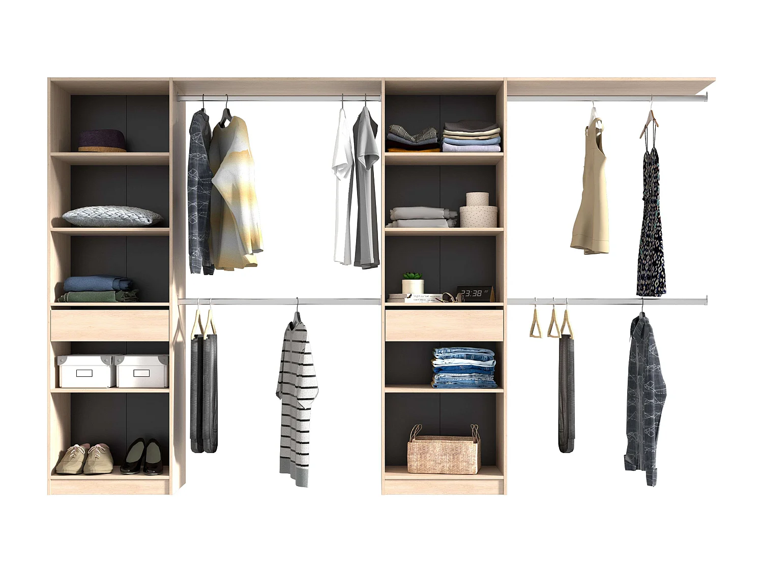 Vestidor Elios 2 Cols 5 Estantes 4 Barras 1 Cajón Madera Claro/Blanco/Negro 320x200x40 cm