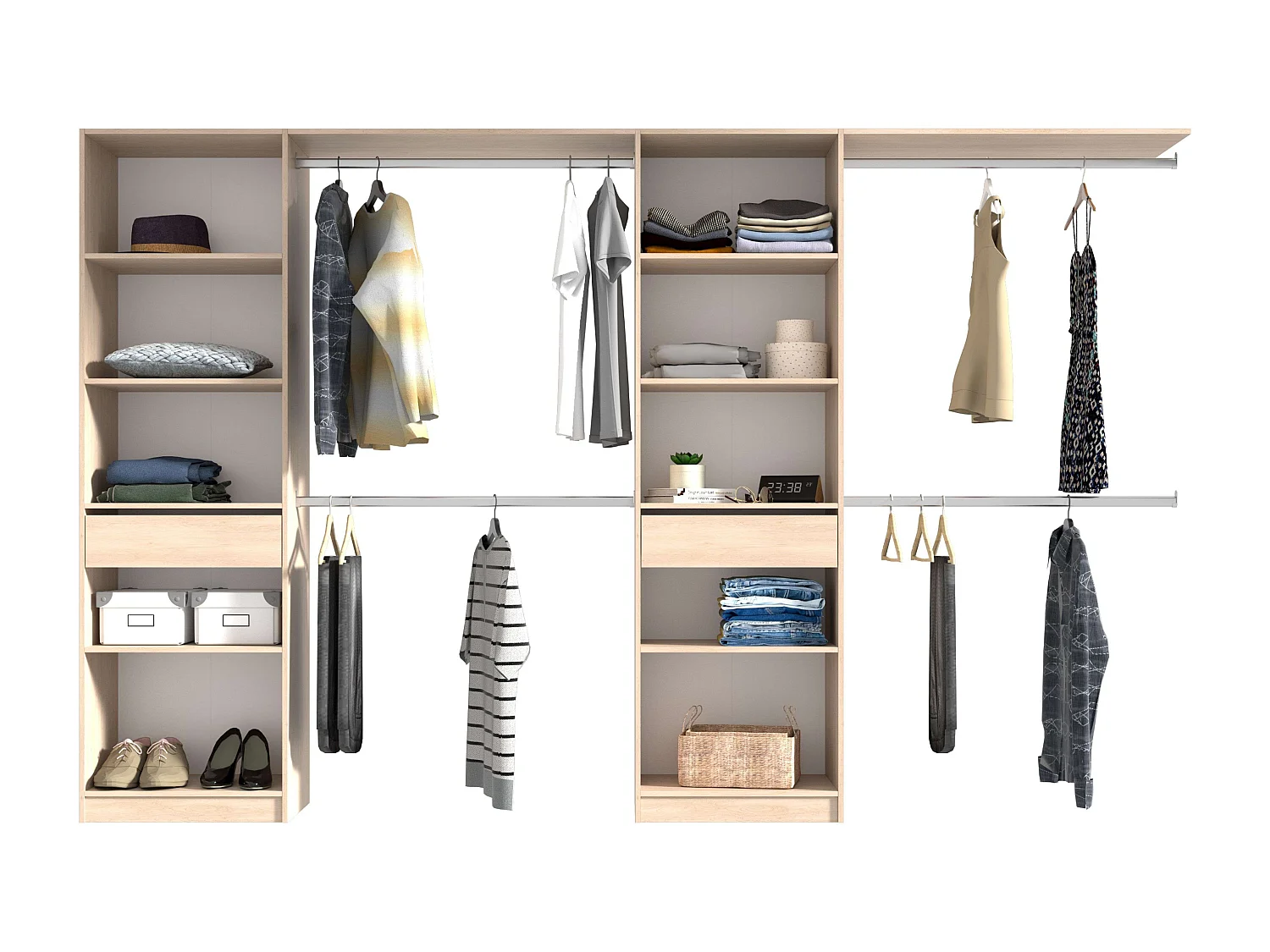 Vestidor Elios 2 Cols 5 Estantes 4 Barras 1 Cajón Madera Claro/Blanco/Negro 320x200x40 cm