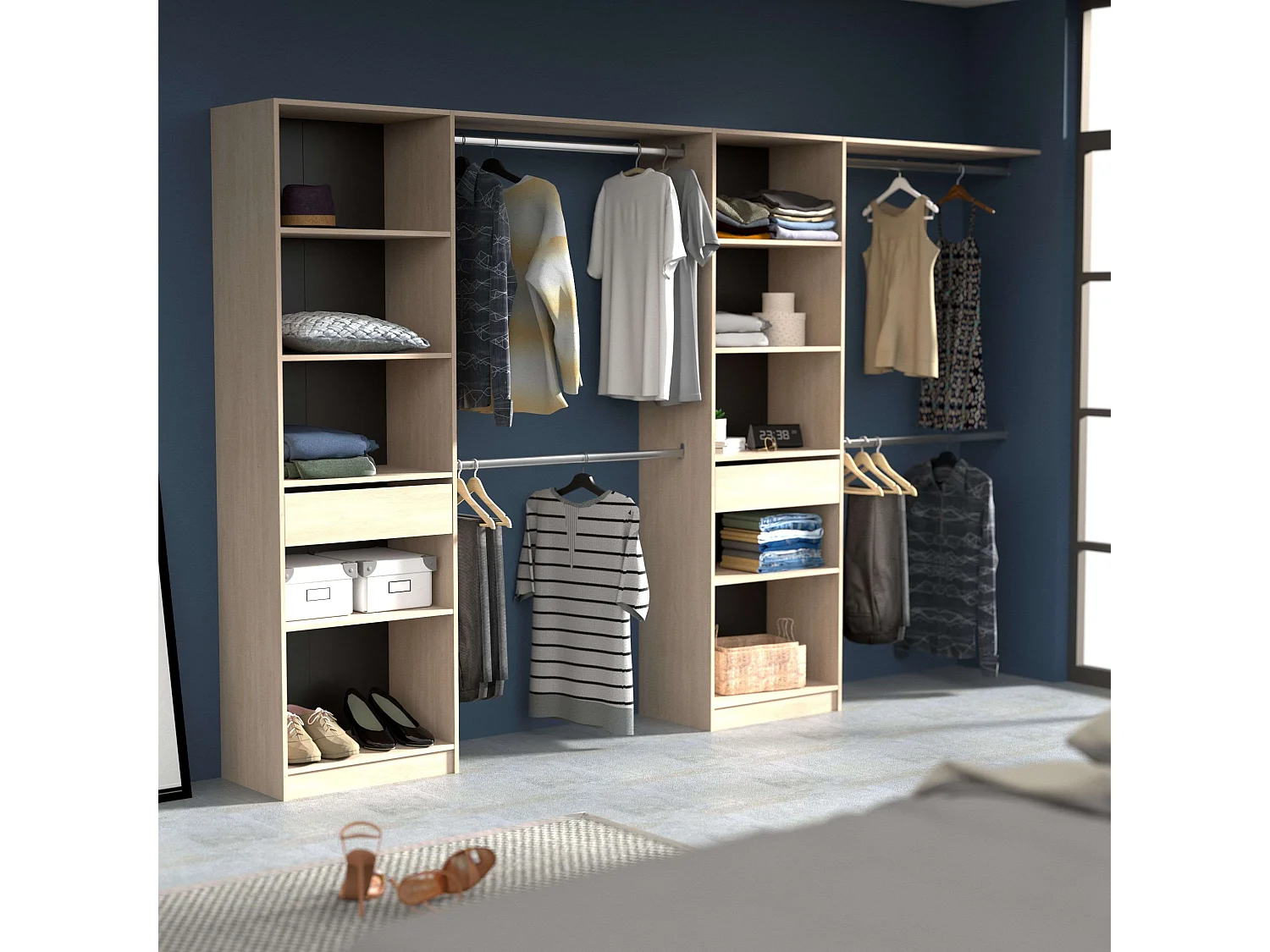 Vestidor Elios 2 Cols 5 Estantes 4 Barras 1 Cajón Madera Claro/Blanco/Negro 320x200x40 cm