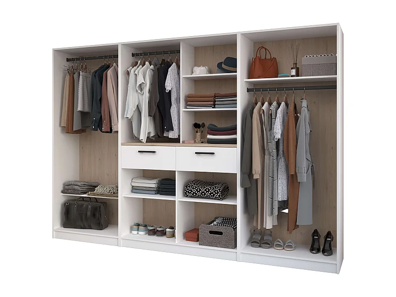 Vestidor abierto Flexa 6 estantes y 3 cajones madera clara/blanca 286x200x50 cm