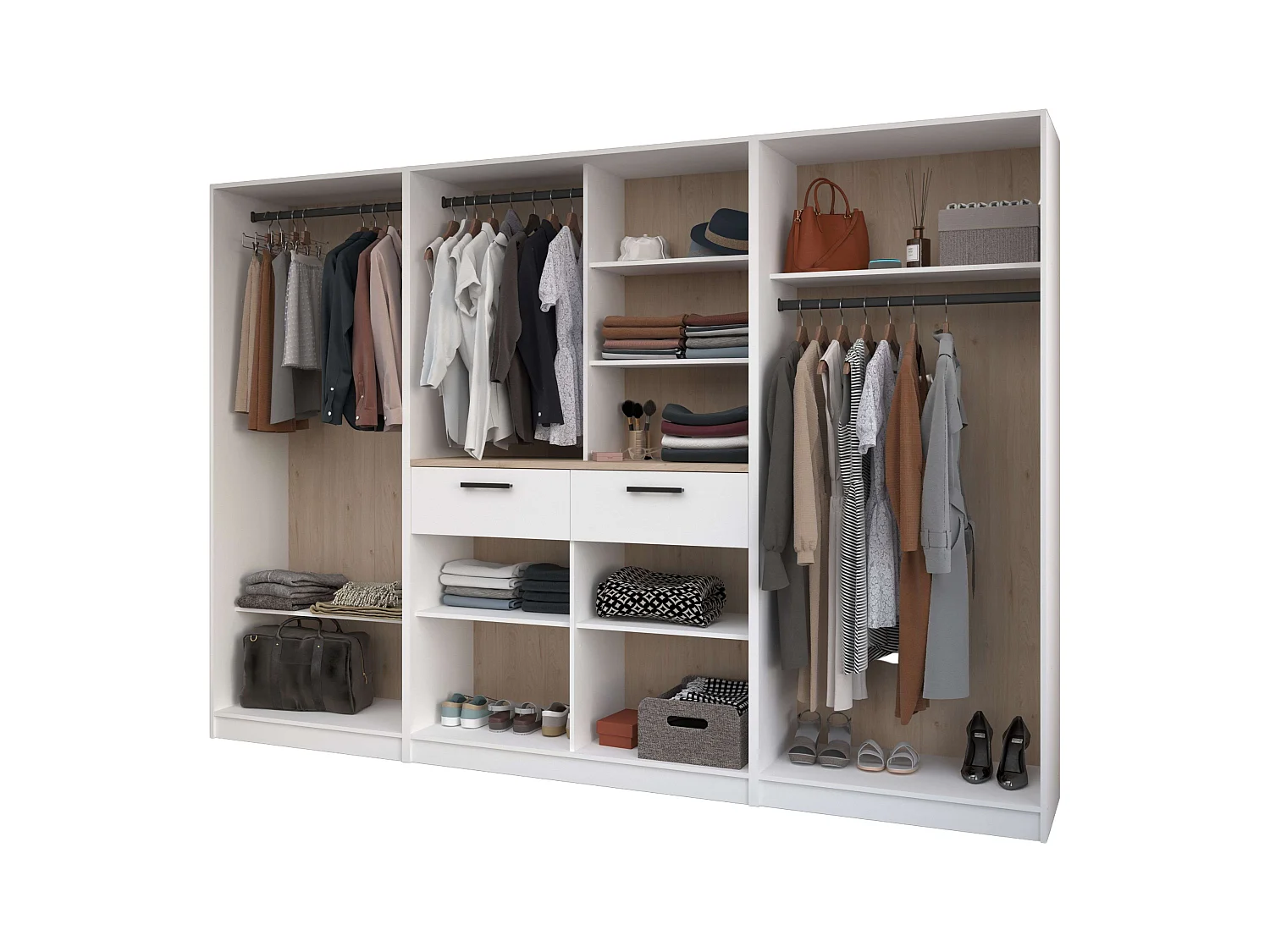 Vestidor abierto Flexa 6 estantes y 3 cajones madera clara/blanca 286x200x50 cm