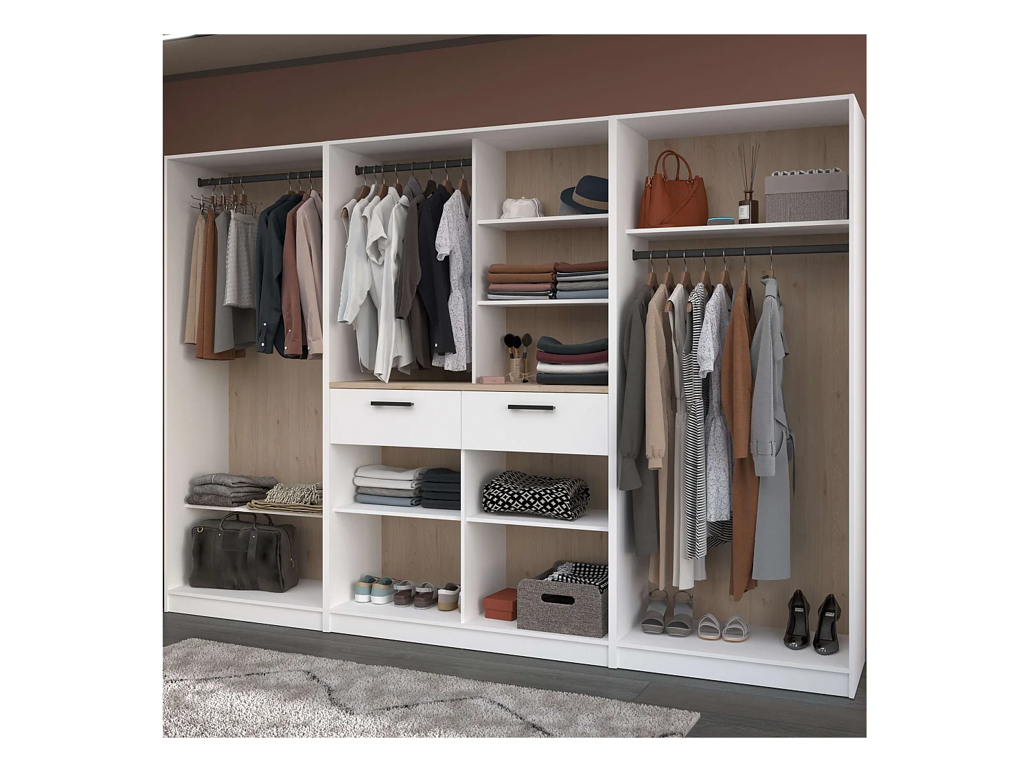 Vestidor abierto Flexa 6 estantes y 3 cajones madera clara/blanca 286x200x50 cm