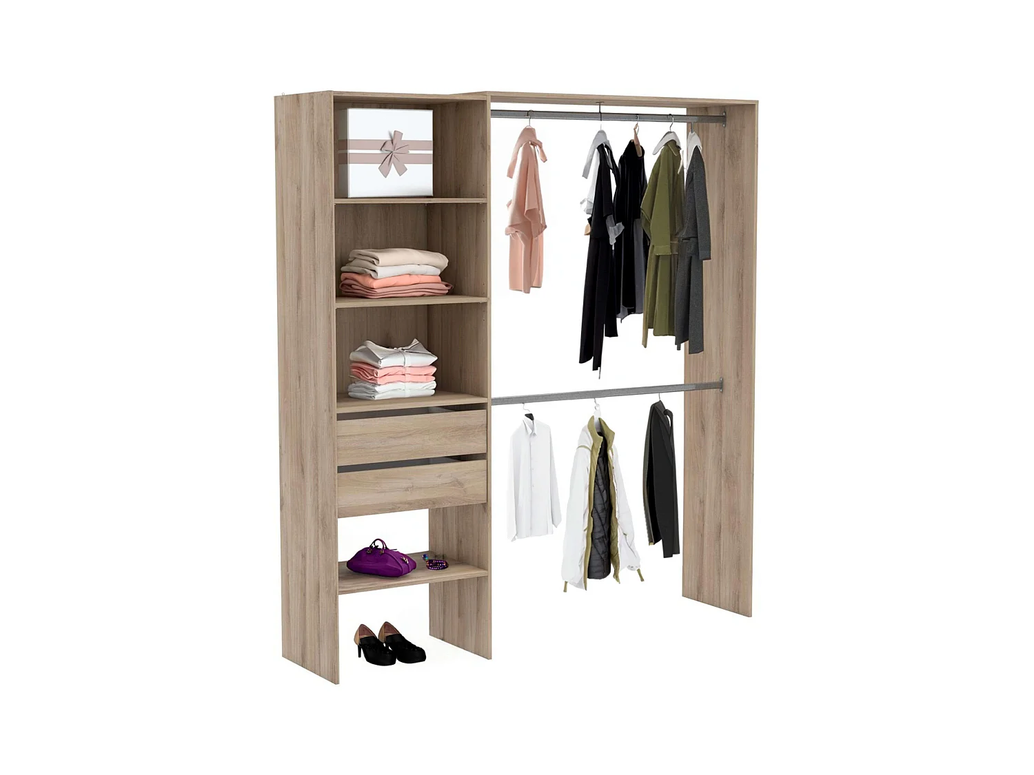 Armario 2 barras colgadoras 4 estantes 2 cajones 205x185x44 cm