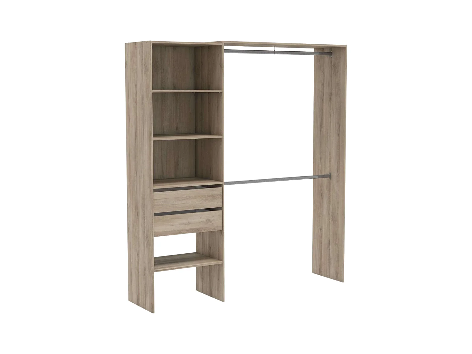 Armario 2 barras colgadoras 4 estantes 2 cajones 205x185x44 cm