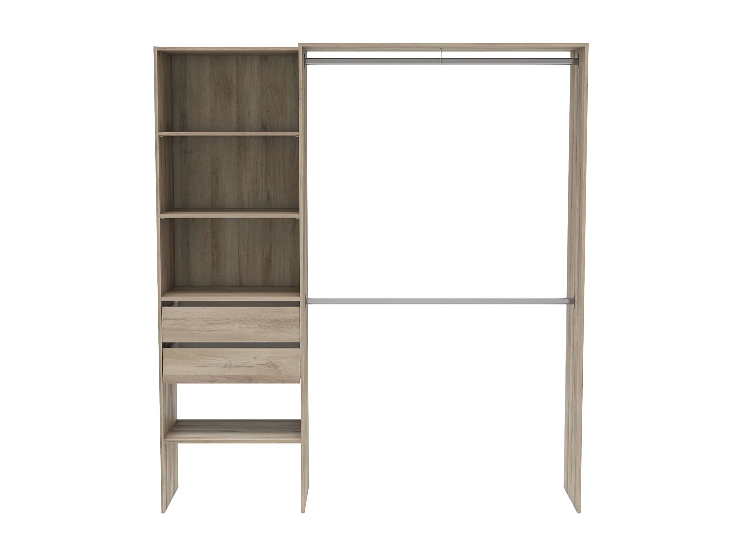 Armario 2 barras colgadoras 4 estantes 2 cajones 205x185x44 cm