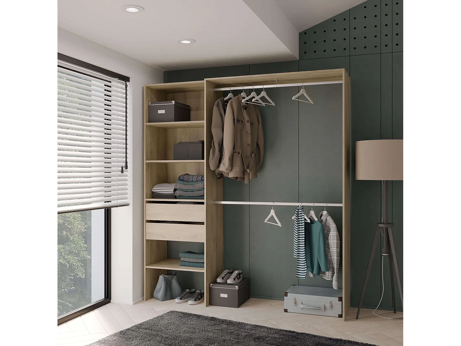 Armario 2 barras colgadoras 4 estantes 2 cajones 205x185x44 cm