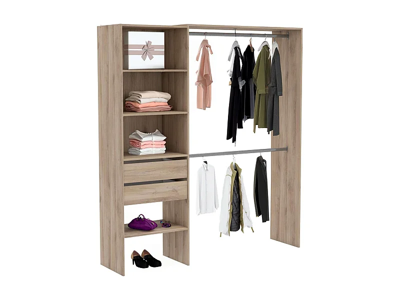 Armario 2 barras colgadoras 4 estantes 2 cajones 205x185x44 cm