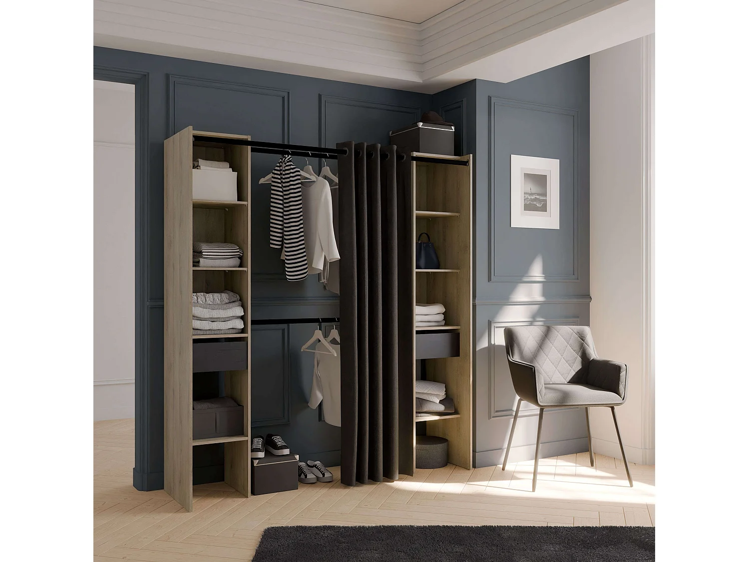 Vestidor Abierto Diego 2 Cajones 8 Estantes 2 Barras Roble 182 cm