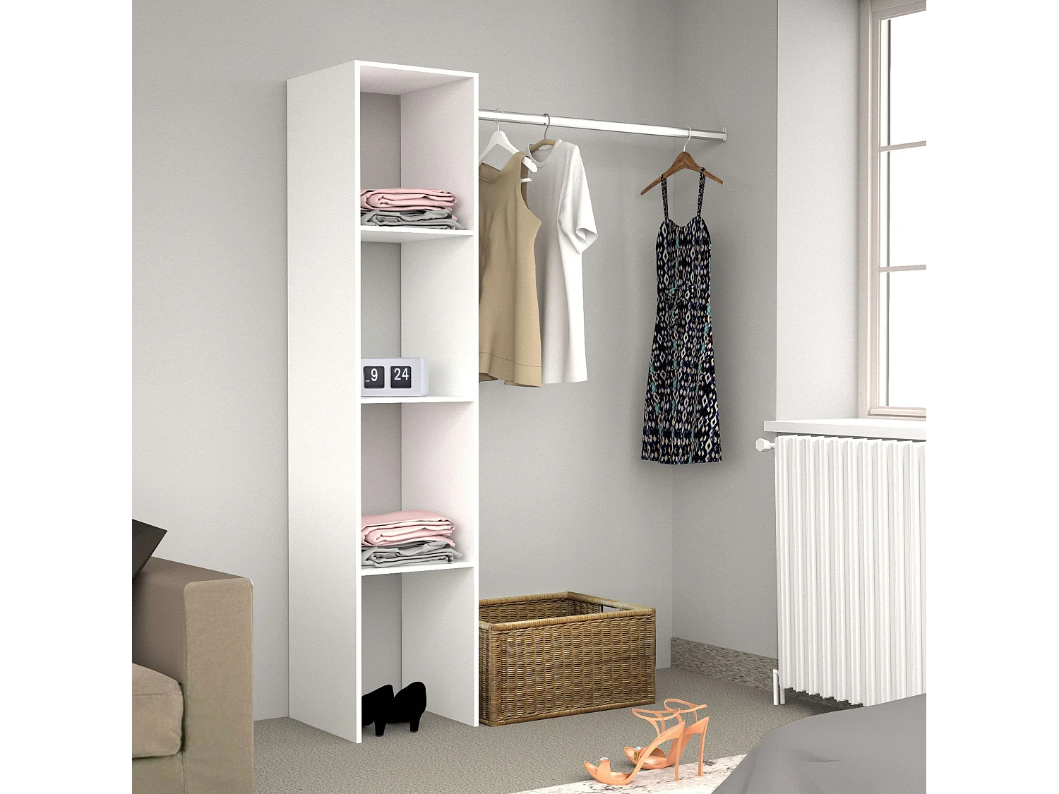 Dressing ouvert modulable blanc sur mesure avec module A, 3 étagères 138 x 180 cm
