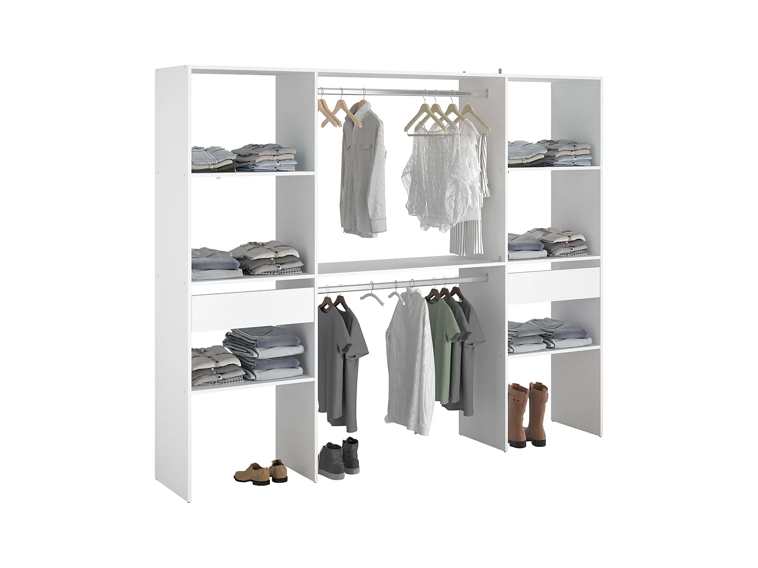 Camarim modular aberto branco personalizado com módulo D, 6 prateleiras, 2 gavetas, 220x180