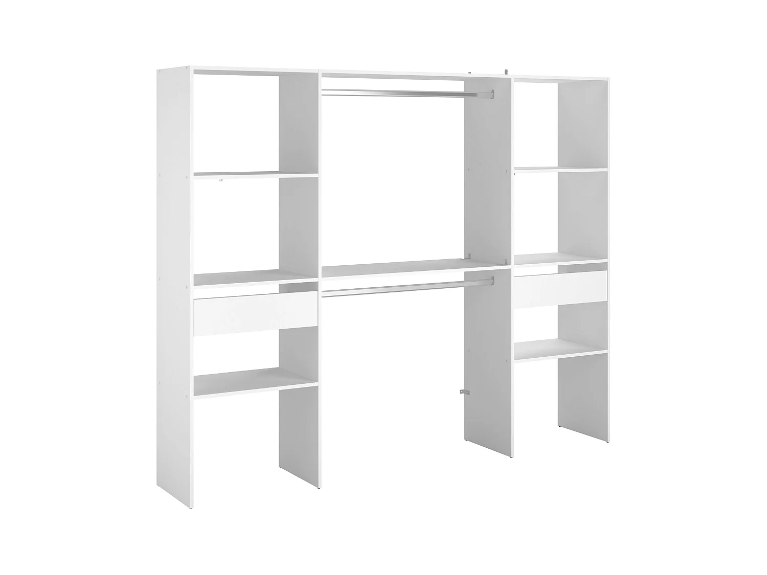 Camarim modular aberto branco personalizado com módulo D, 6 prateleiras, 2 gavetas, 220x180