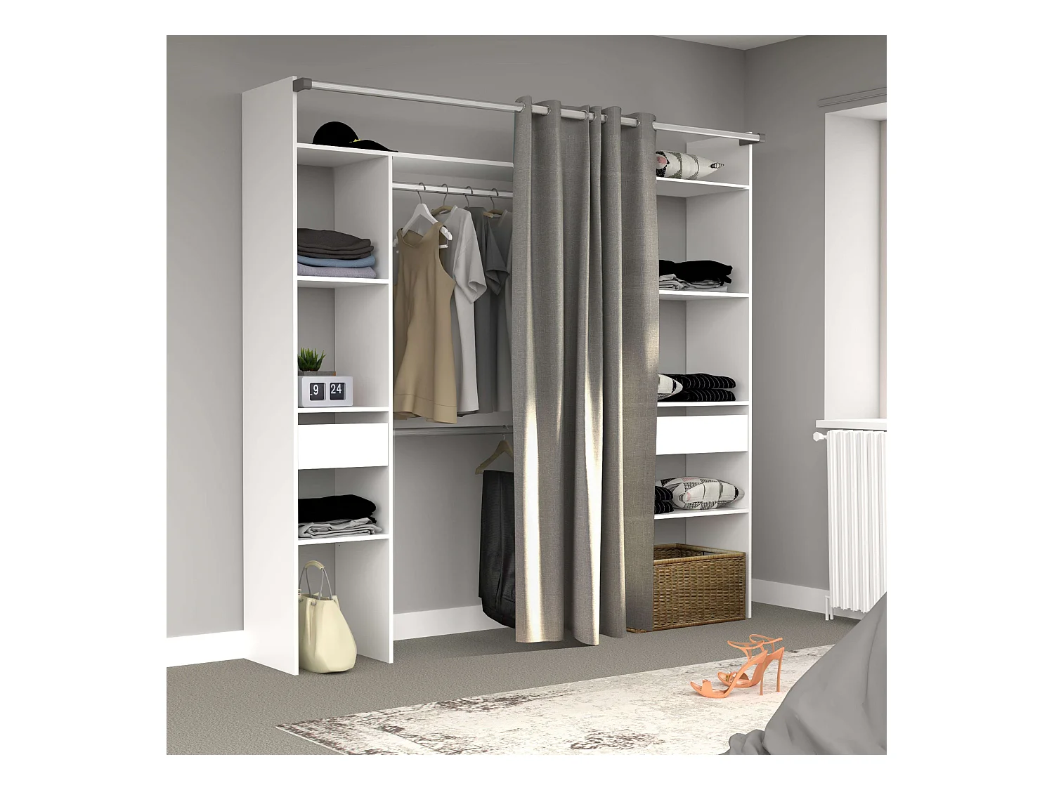 Camarim modular aberto branco personalizado com módulo D, 6 prateleiras, 2 gavetas, 220x180