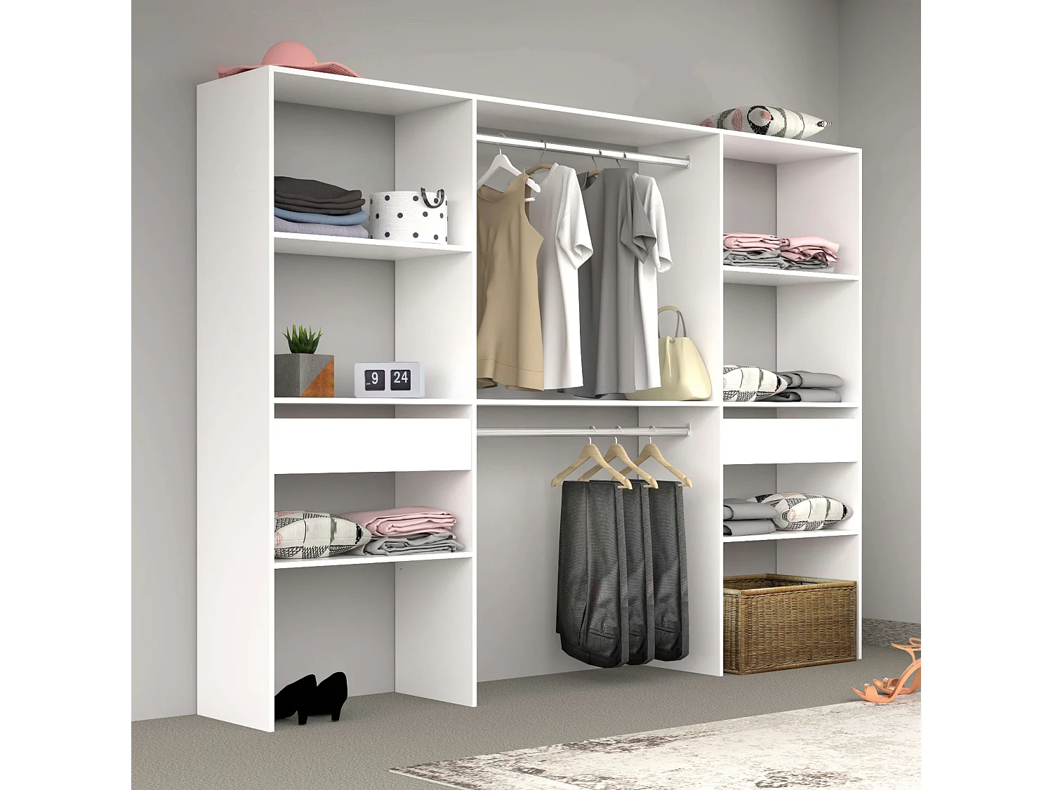 Camarim modular aberto branco personalizado com módulo D, 6 prateleiras, 2 gavetas, 220x180