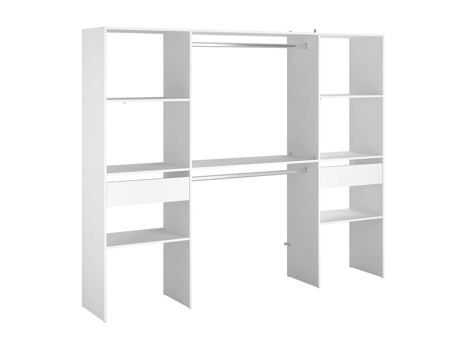 Camarim modular aberto branco personalizado com módulo D, 6 prateleiras, 2 gavetas, 220x180