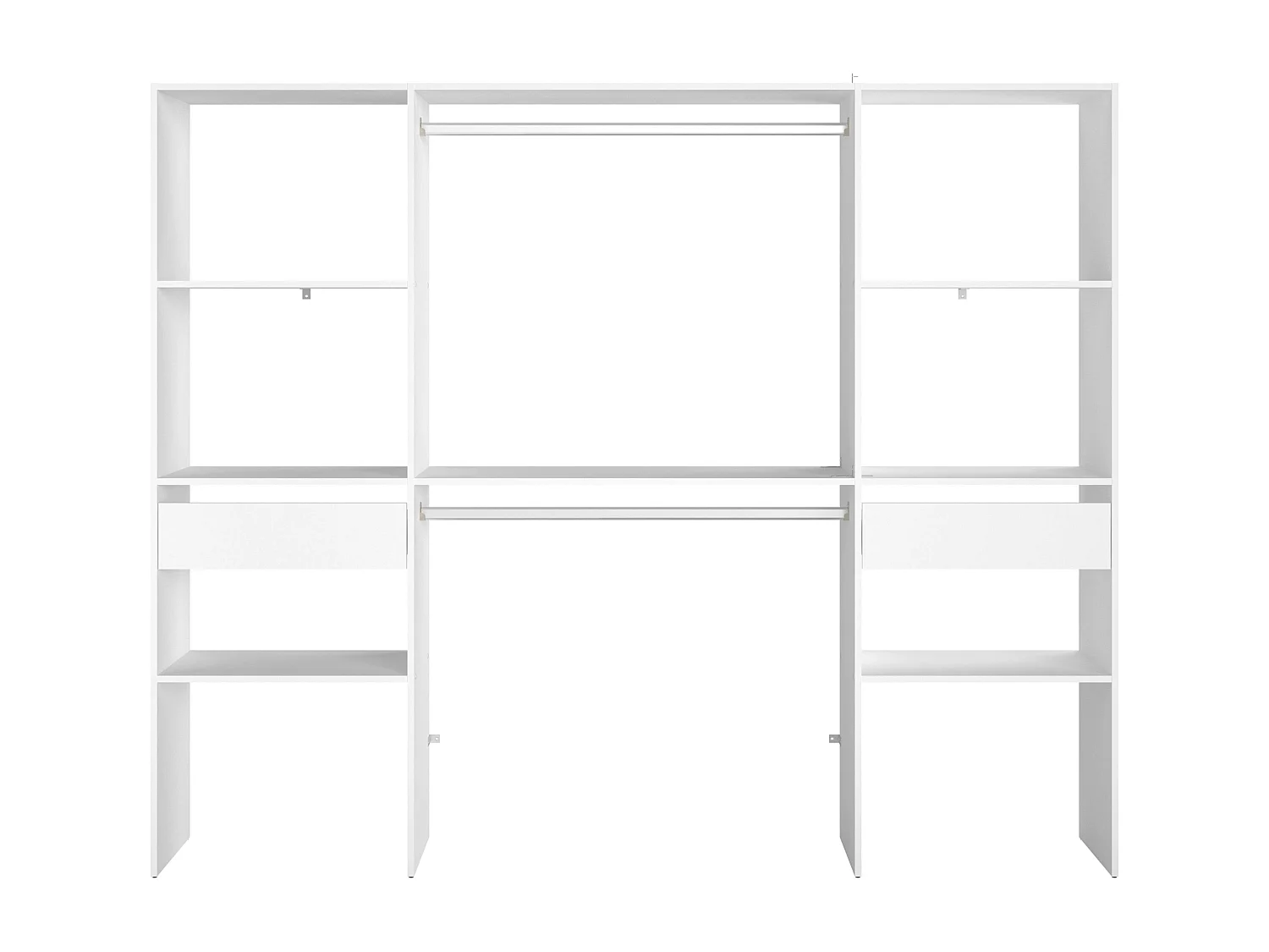Camarim modular aberto branco personalizado com módulo D, 6 prateleiras, 2 gavetas, 220x180