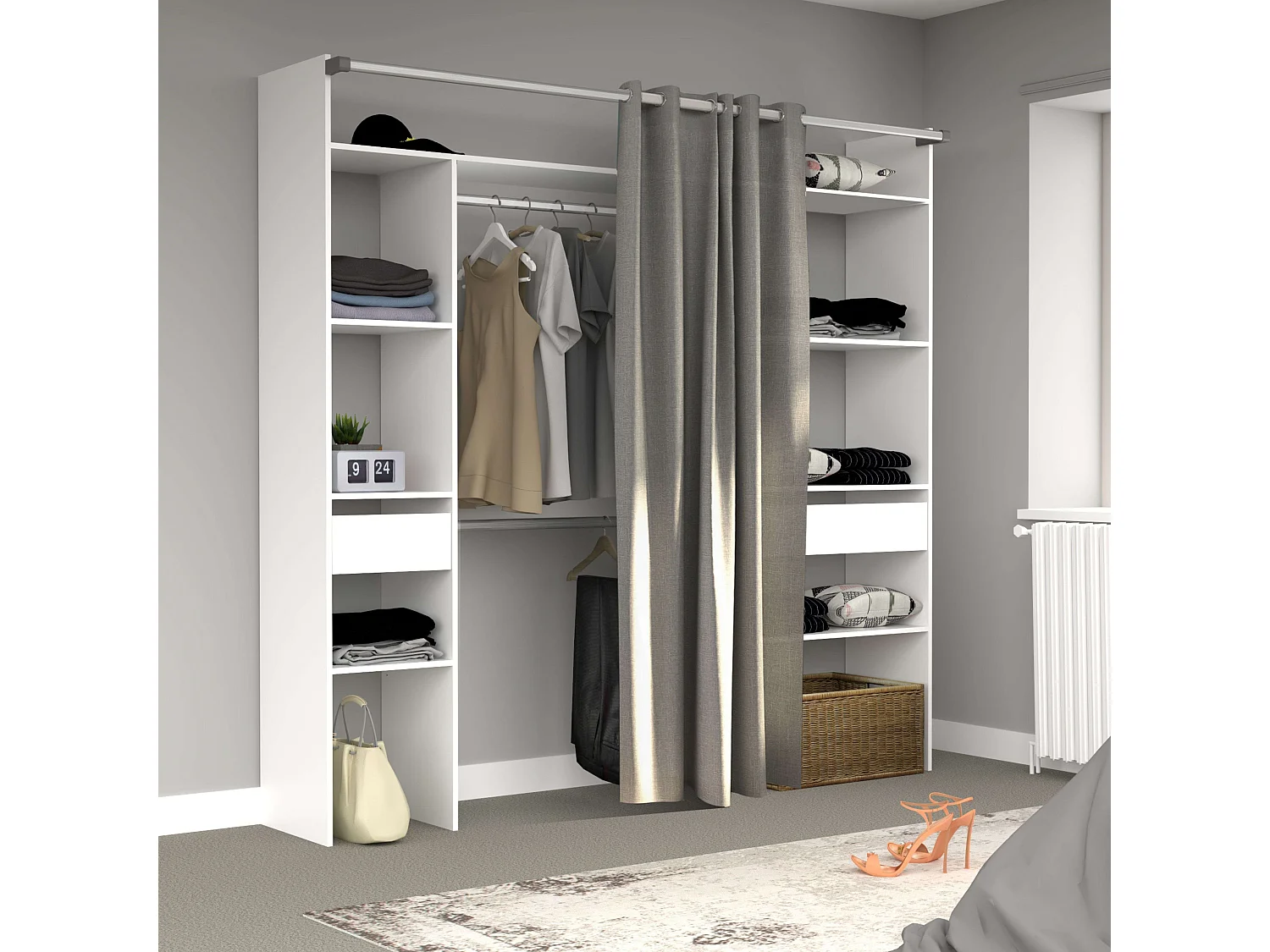 Camarim modular aberto branco personalizado com módulo D, 6 prateleiras, 2 gavetas, 220x180