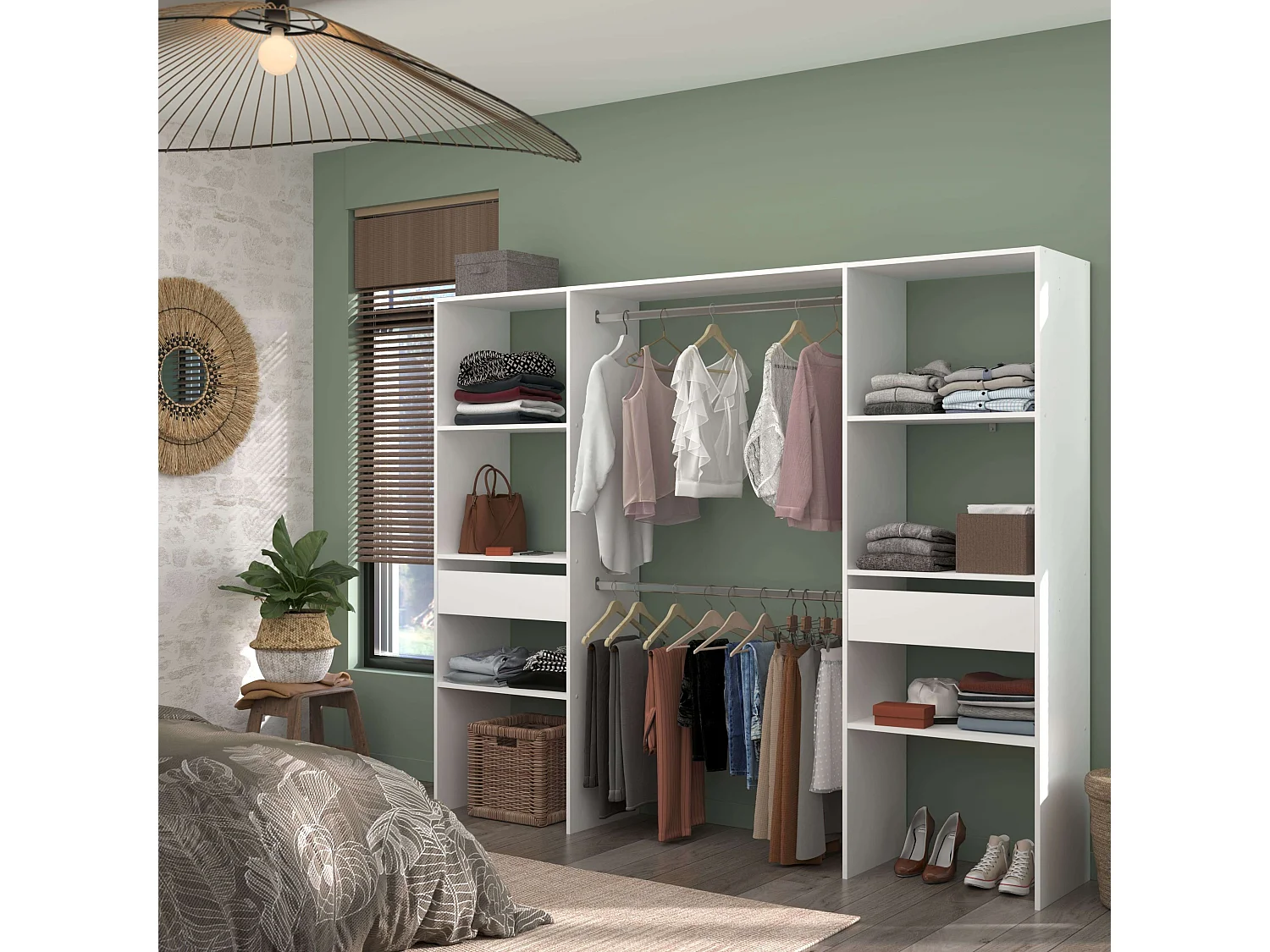 Vestidor Modular Abierto Custom Blanco con Módulo D 6 Estantes 2 Cajones 220x180