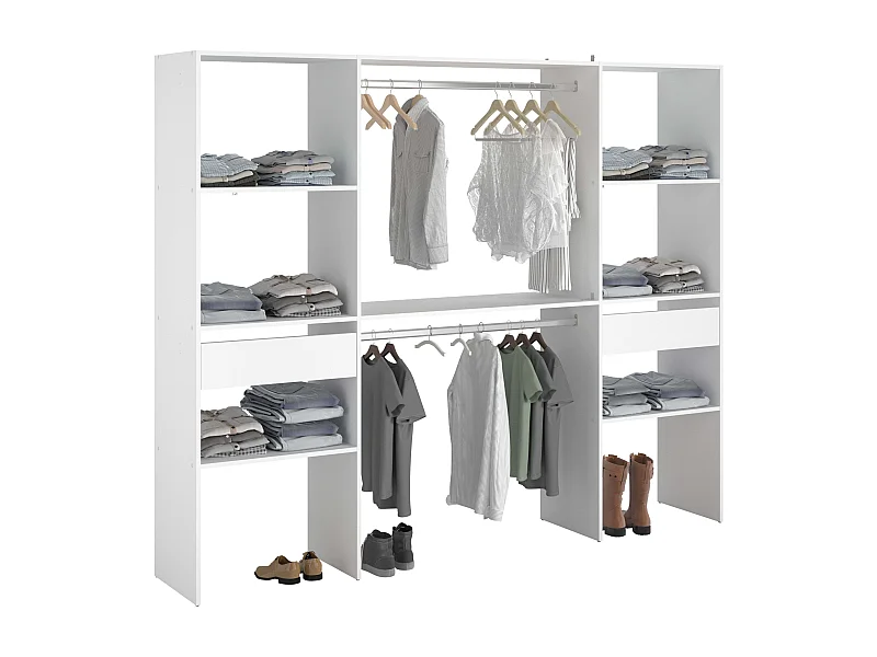 Camarim modular aberto branco personalizado com módulo D, 6 prateleiras, 2 gavetas, 220x180