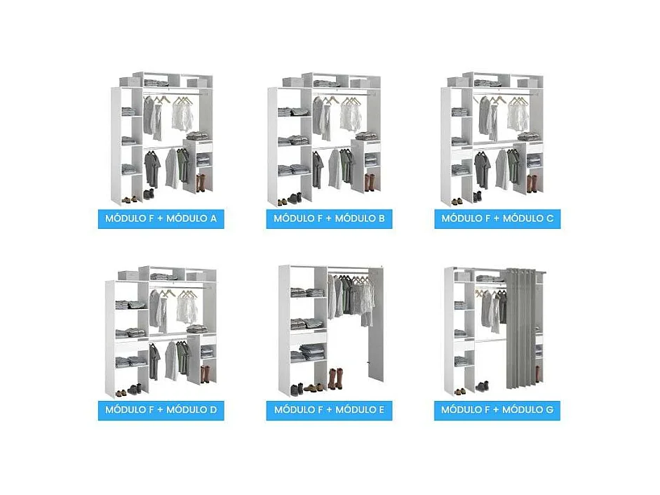 Vestidor Modular Abierto Custom Blanco Modulo F 4 Estantes y Barra 104X204 cm