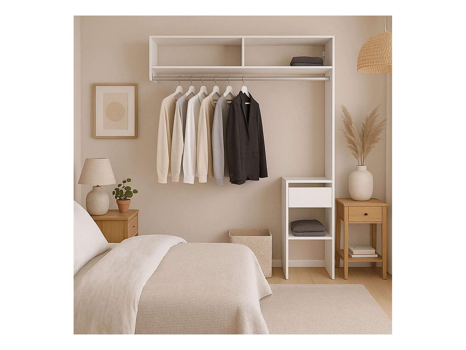 Vestidor Modular Abierto Custom Blanco Modulo F 4 Estantes y Barra 104X204 cm