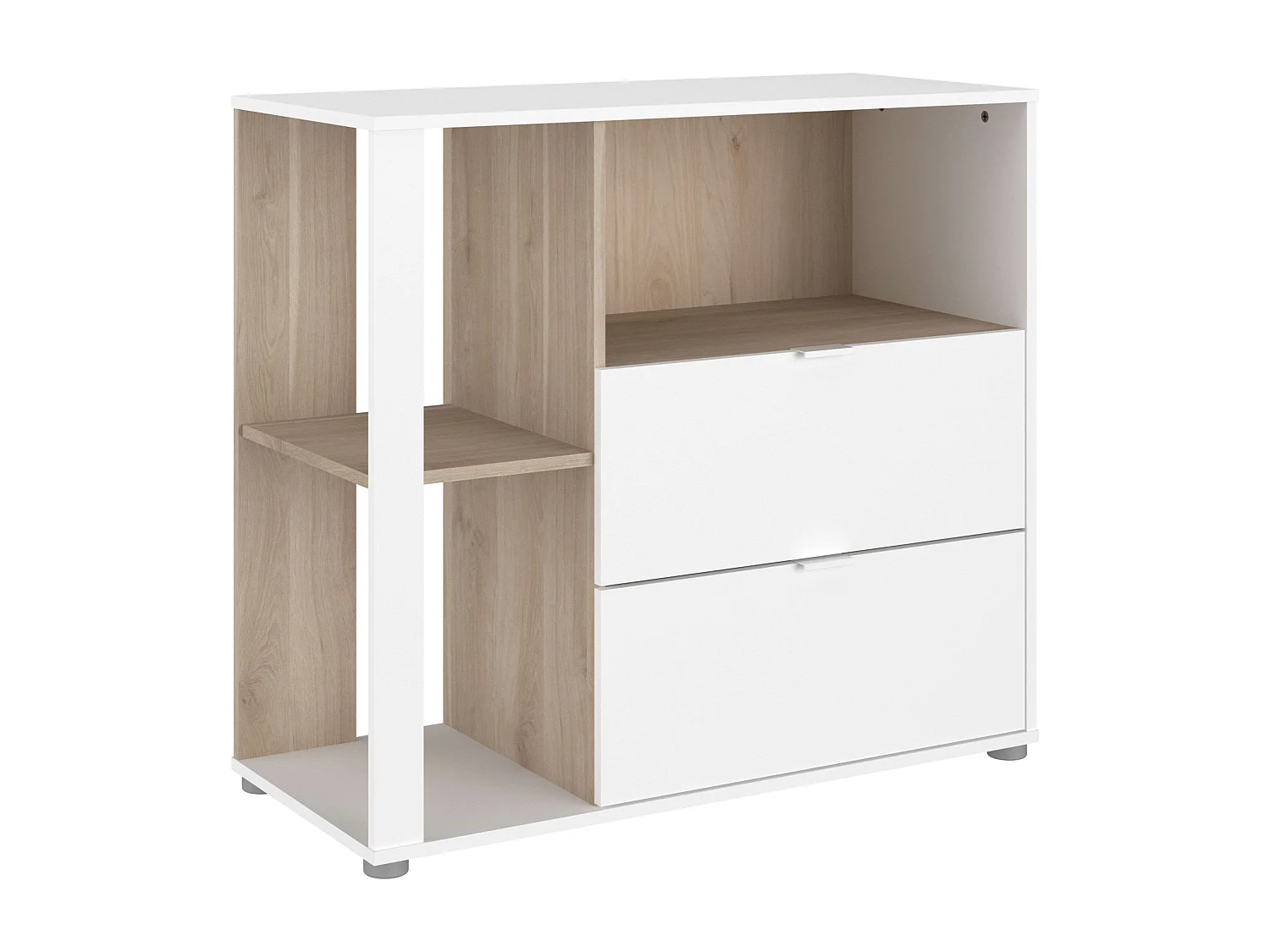 Dormitorio blanco madera clara: Armario + Cómoda 2 cajones + Estantería