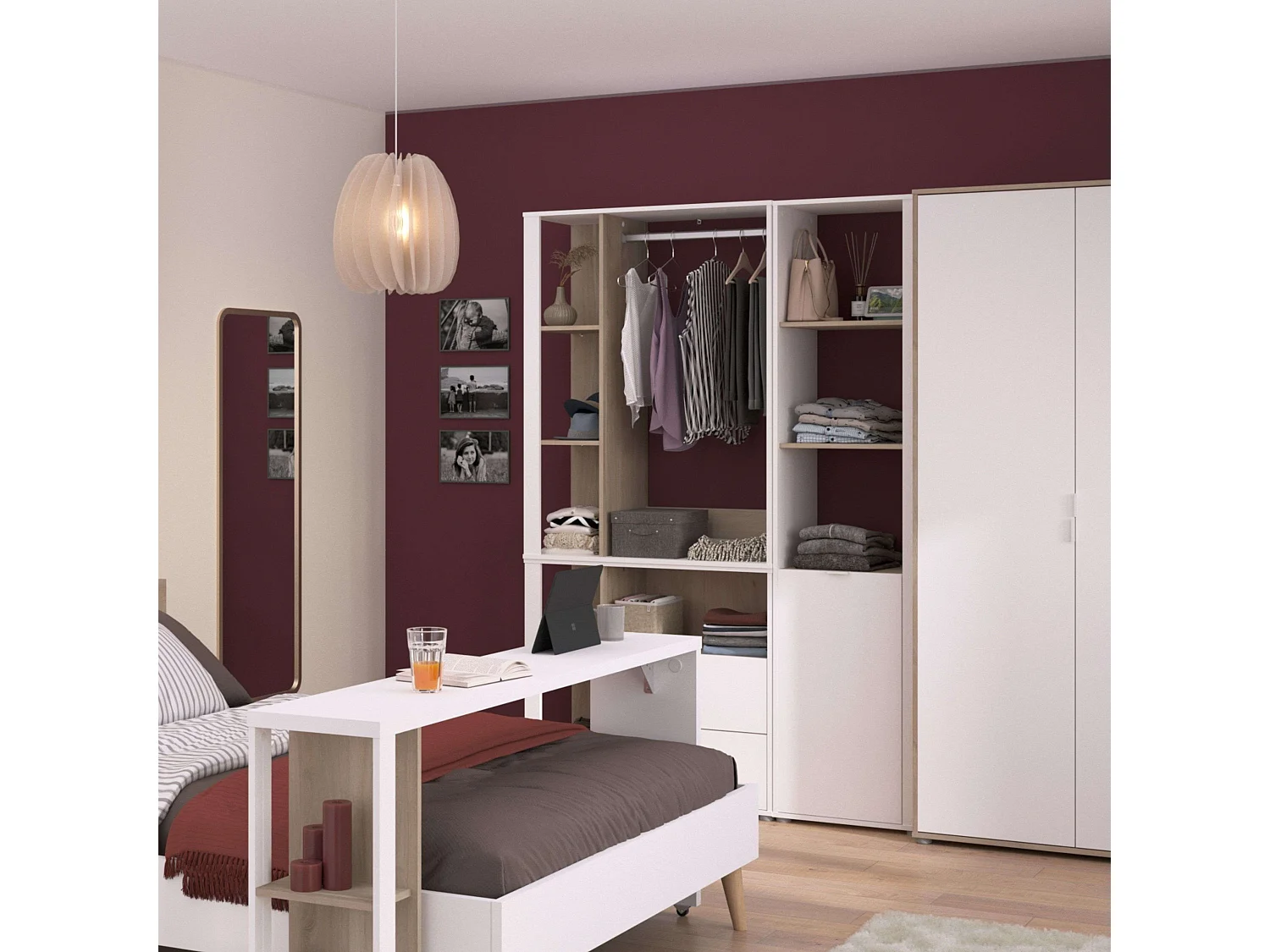 Dormitorio blanco madera clara: Armario + Cómoda 2 cajones + Estantería