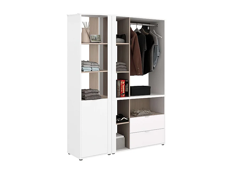 Dormitorio blanco madera clara: Armario + Cómoda 2 cajones + Estantería