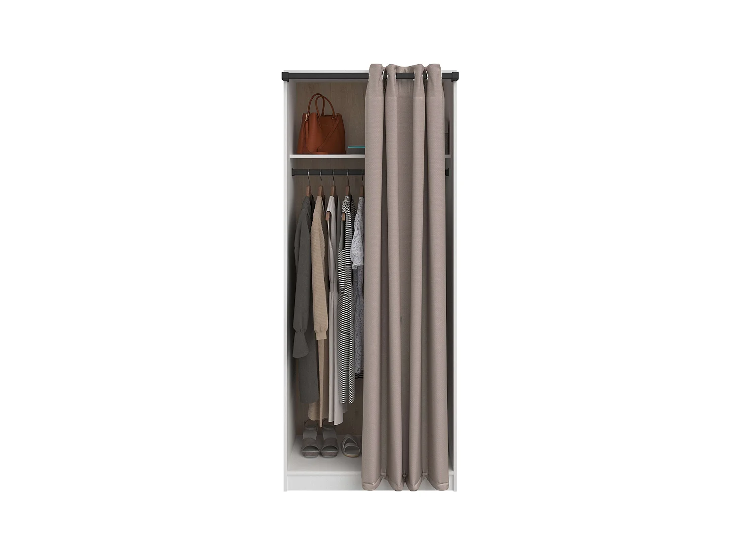 Vestidor modular Flexa cortinas 2 estantes y barras madera y blanco 166 cm
