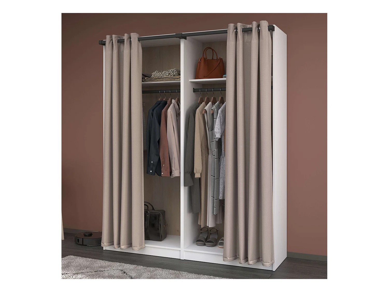 Vestidor modular Flexa cortinas 2 estantes y barras madera y blanco 166 cm