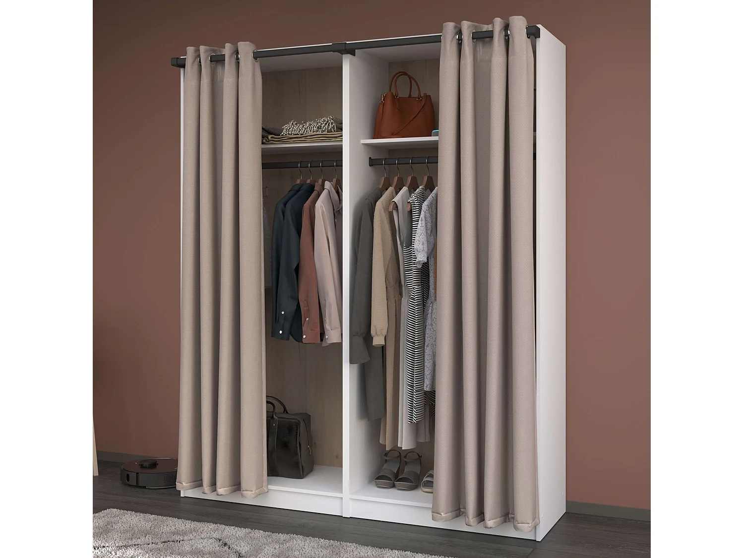 Vestidor modular Flexa cortinas 2 estantes y barras madera y blanco 166 cm