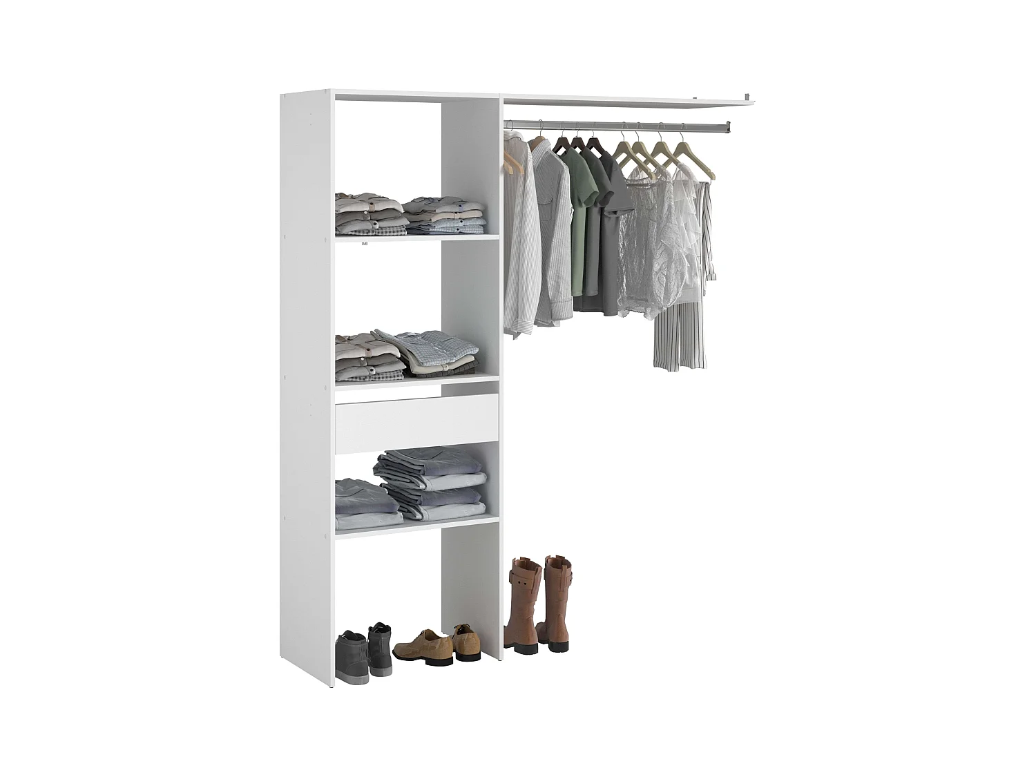 Dressing modulable sur mesure blanc, 160 x 180 cm, avec étagères, tiroir et bar