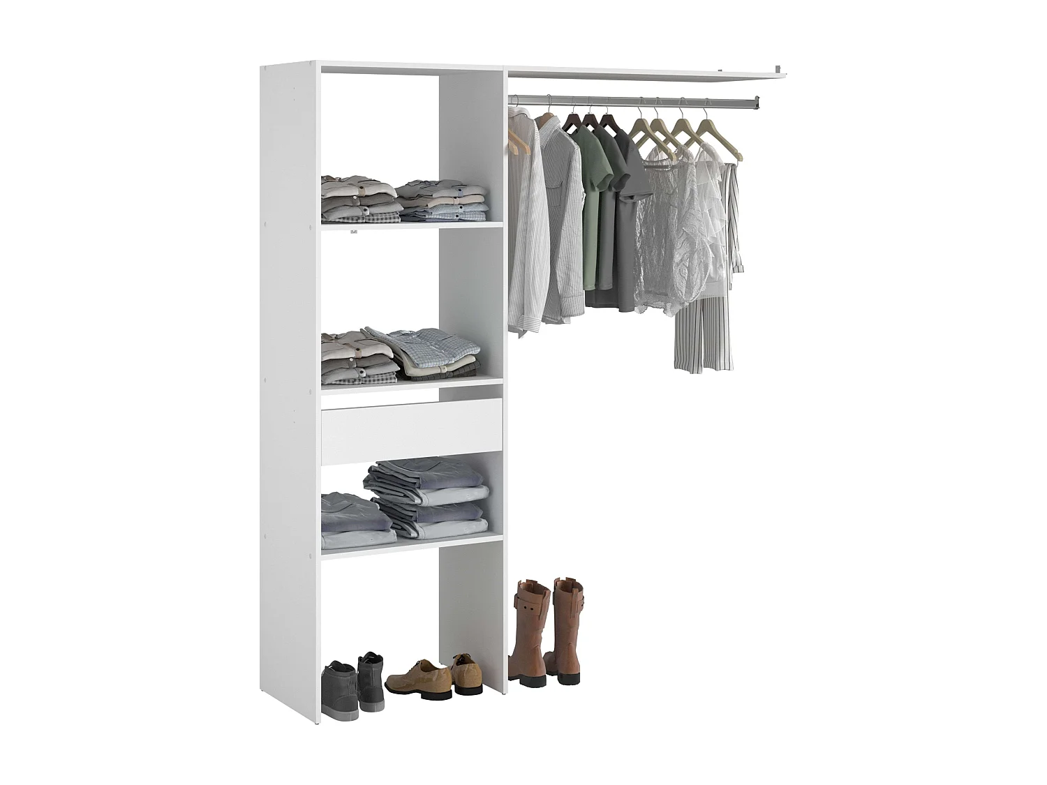 Dressing modulable sur mesure blanc, 160 x 180 cm, avec étagères, tiroir et bar