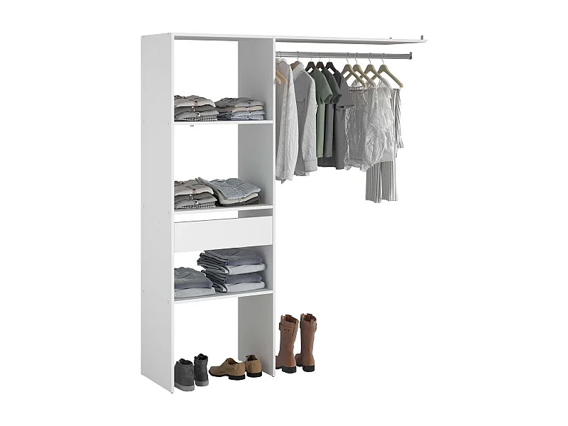 Dressing modulable sur mesure blanc, 160 x 180 cm, avec étagères, tiroir et bar