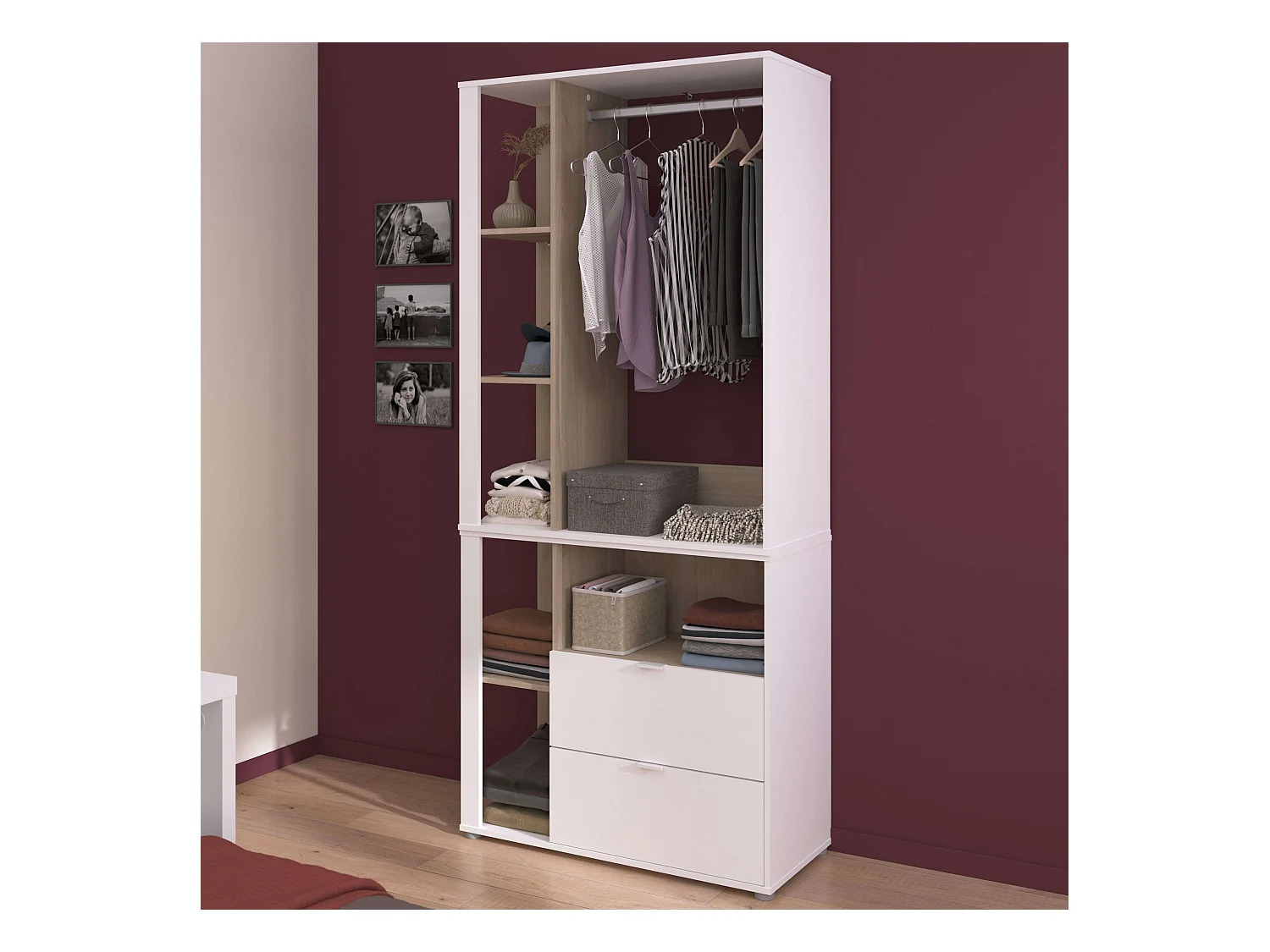 Armario Vestidor Boreal Blanco y Roble Japonés 2 Cajones 4 Estantes 92x206 cm