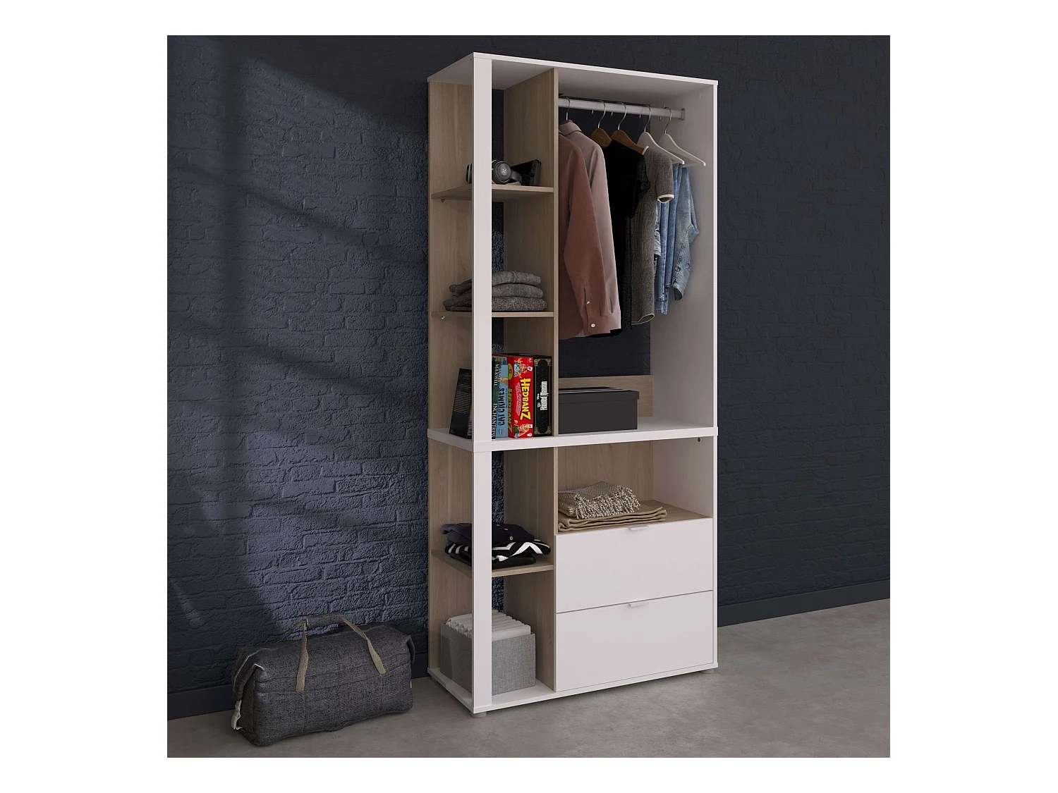 Armario Vestidor Boreal Blanco y Roble Japonés 2 Cajones 4 Estantes 92x206 cm