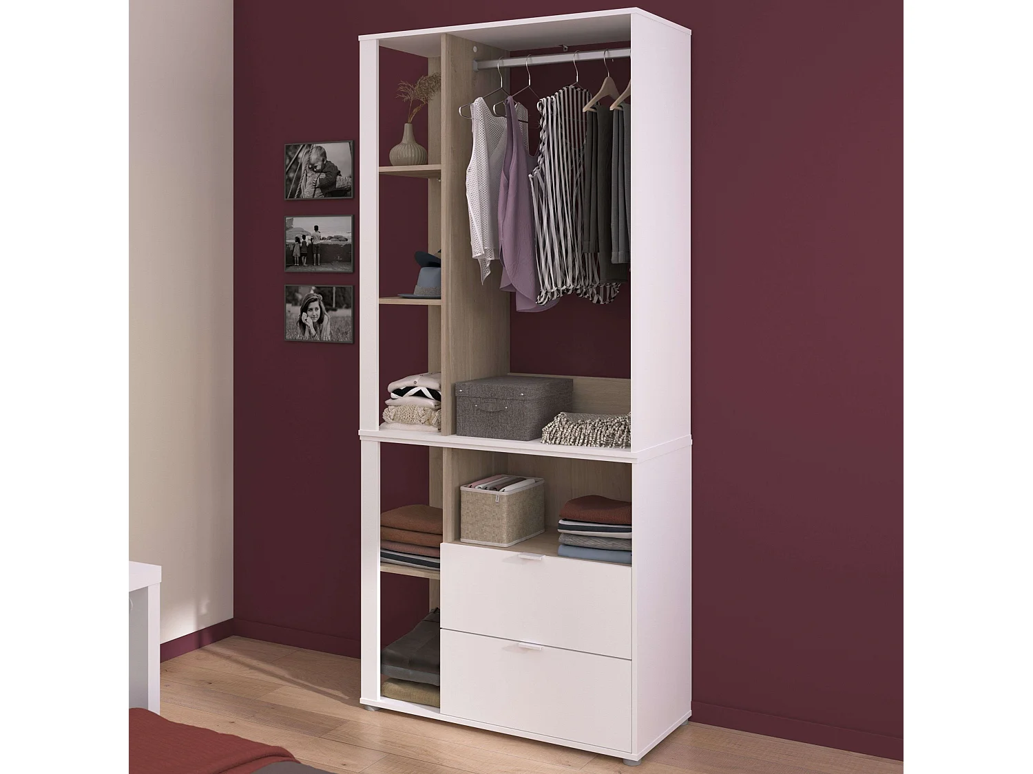 Guarda-roupa de quarto em carvalho branco boreal e japonês com 2 gavetas e 4 prateleiras 92x206 cm