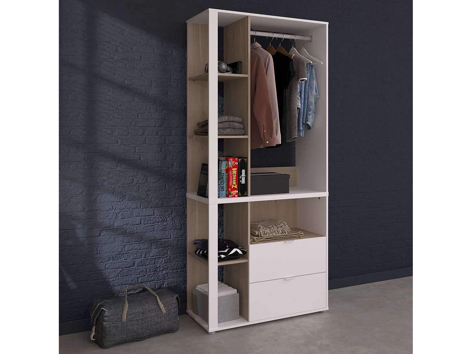 Guarda-roupa de quarto em carvalho branco boreal e japonês com 2 gavetas e 4 prateleiras 92x206 cm