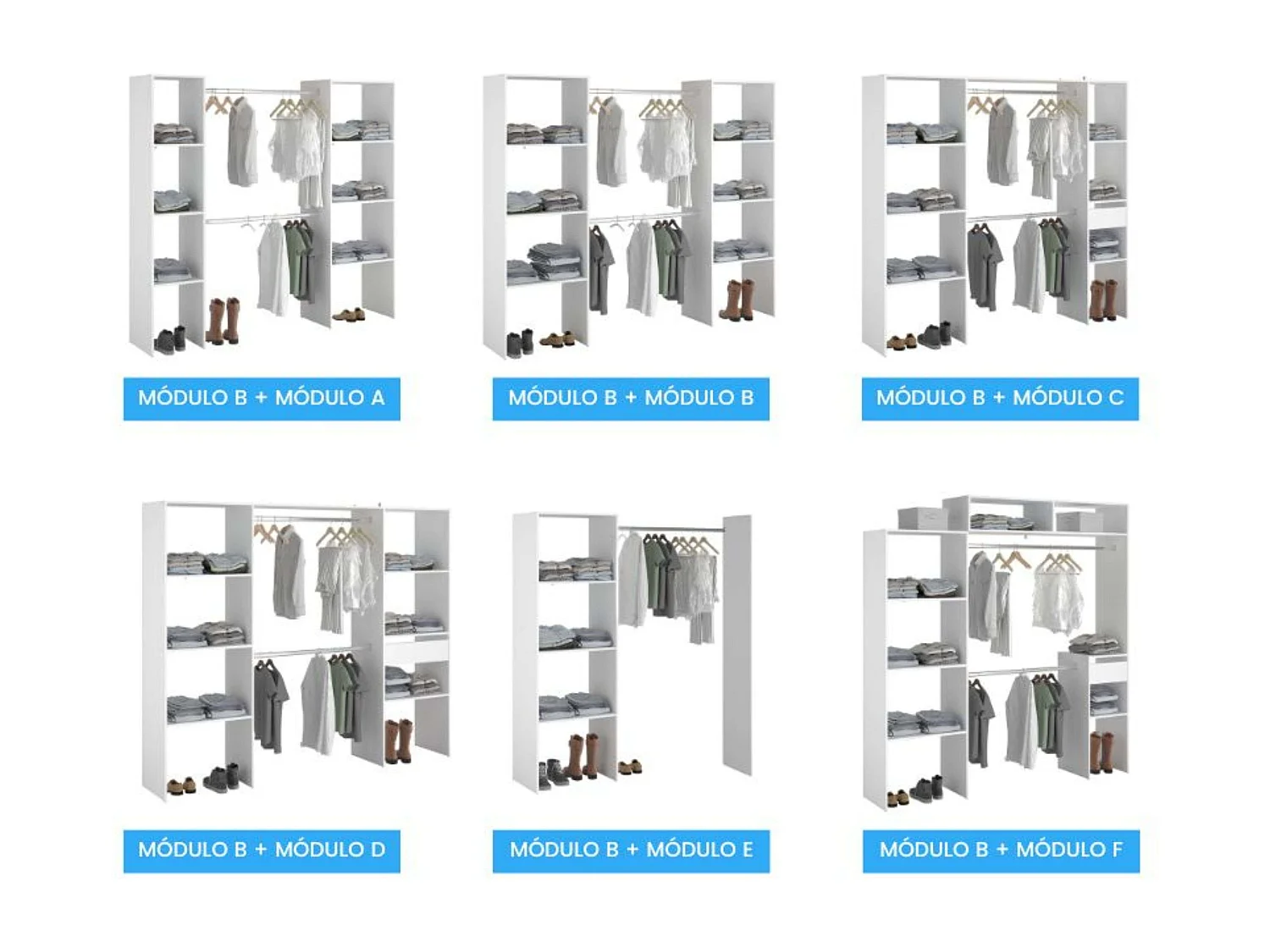 Dressing modulable sur mesure blanc avec module B, 3 étagères et bar 160x180 cm