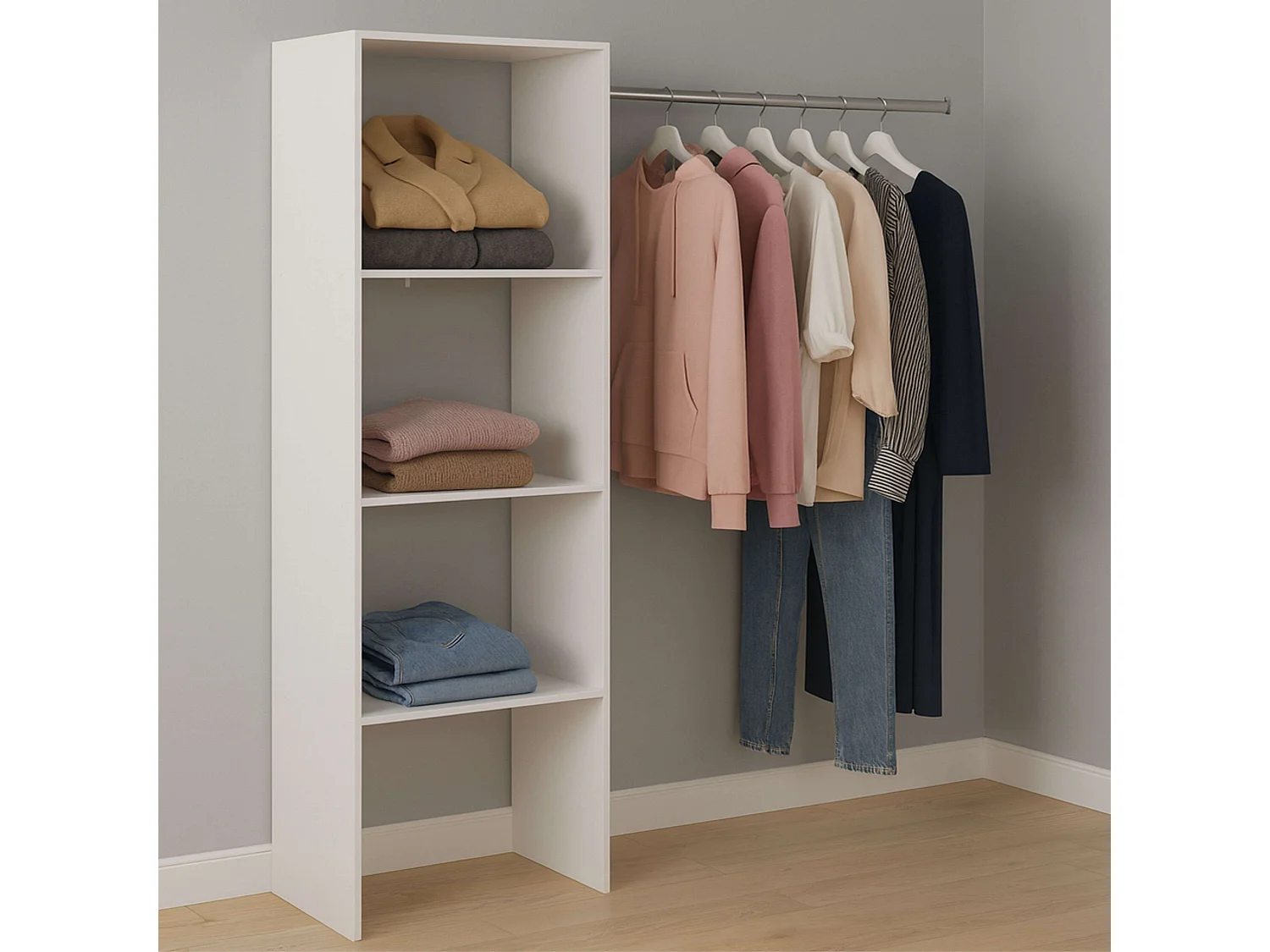 Dressing modulable sur mesure blanc avec module B, 3 étagères et bar 160x180 cm