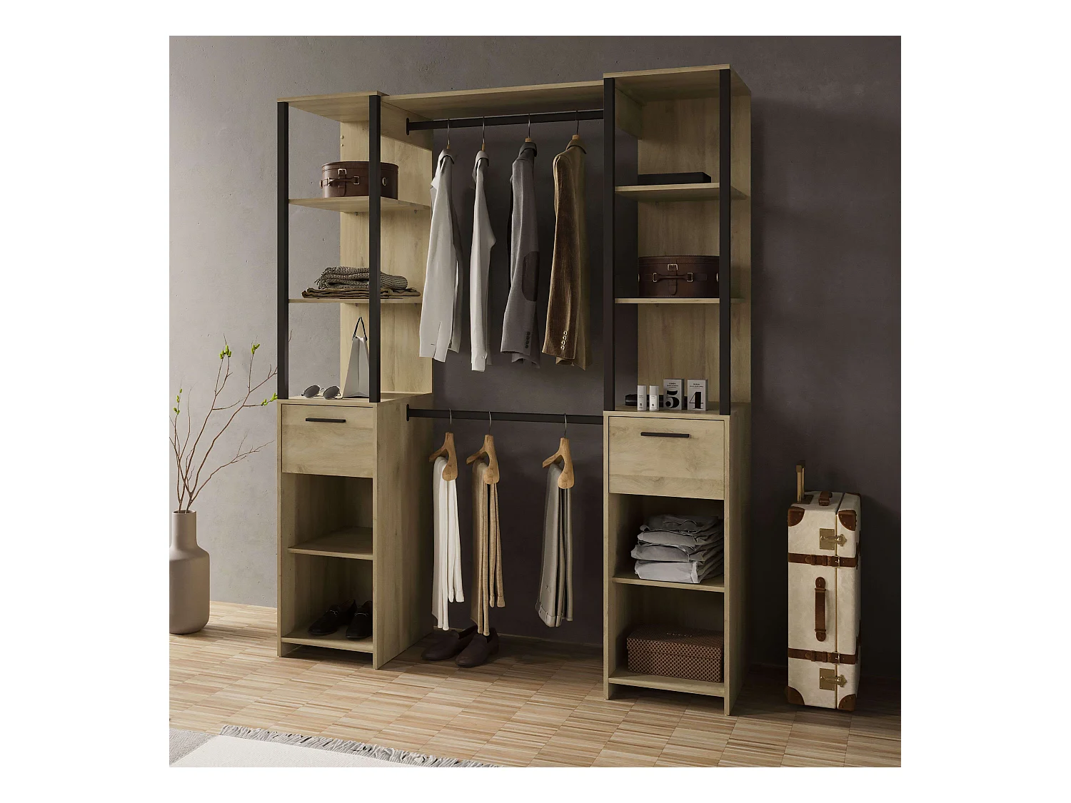 Dressing industriel Gary à 2 colonnes en chêne Kronberg/noir 160 x 200 cm