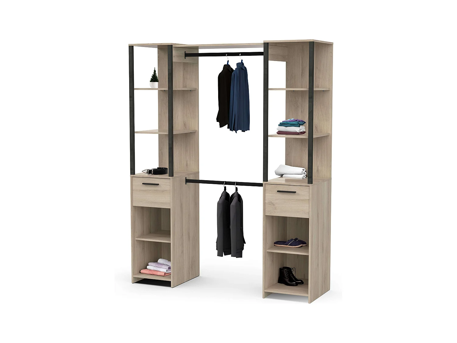 Dressing industriel Gary à 2 colonnes en chêne Kronberg/noir 160 x 200 cm