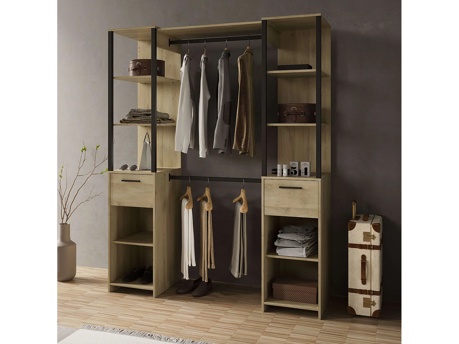 Dressing industriel Gary à 2 colonnes en chêne Kronberg/noir 160 x 200 cm