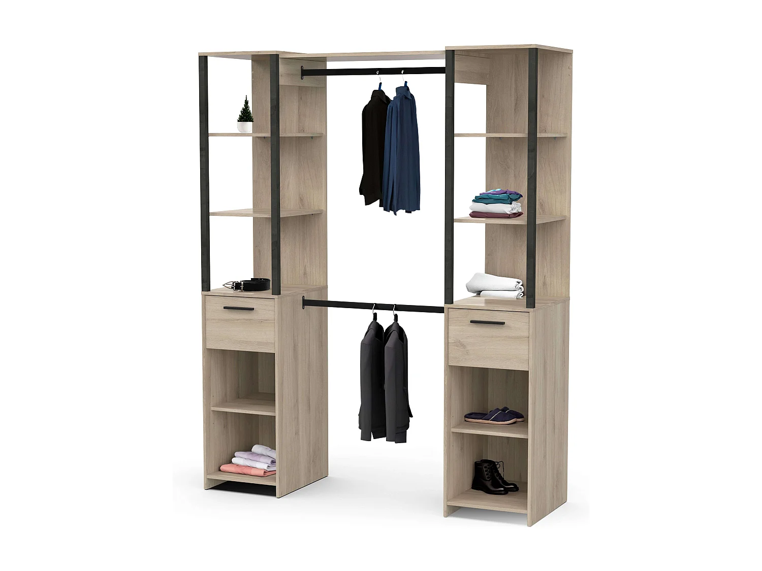 Dressing industriel Gary à 2 colonnes en chêne Kronberg/noir 160 x 200 cm