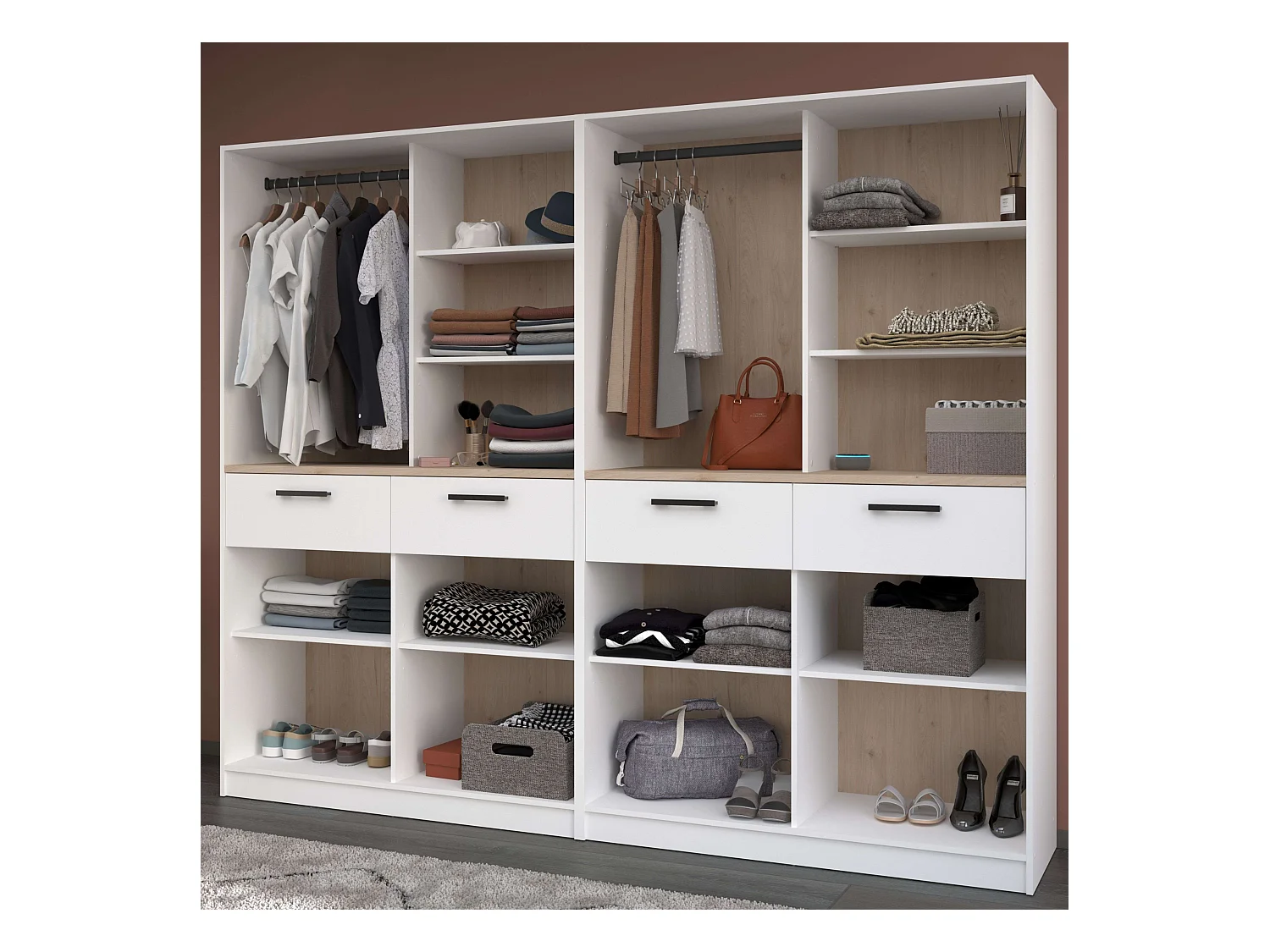 Vestidor modular Flexa 4 cajones 8 estantes madera claro/blanco 240x200x50 cm