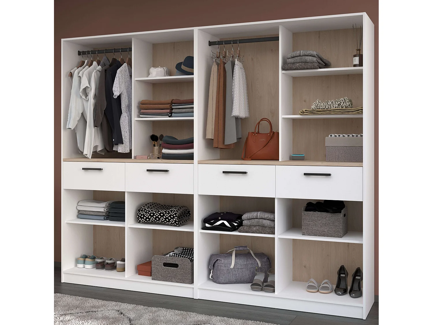 Vestidor modular Flexa 4 cajones 8 estantes madera claro/blanco 240x200x50 cm